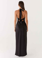 Heavy Hearted Satin Maxi Dress - Black Open-Back