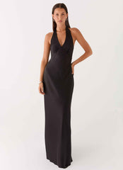 Heavy Hearted Satin Maxi Dress - Black Open-Back