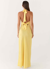 Heavy Hearted Maxi Dress - Lemon Satin Halterneck