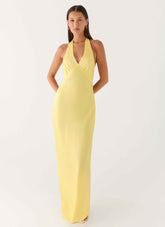 Heavy Hearted Maxi Dress - Lemon Satin Halterneck