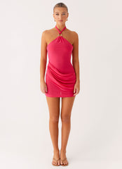 Henrietta Mini Dress - Pink Halterneck Semi-Sheer