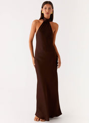 Keena Maxi Dress - Chocolate Satin Halter
