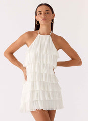 Lunar Bloom Mini Dress - Ivory Halter Neck