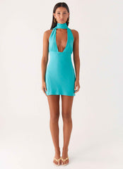 Melisande Mini Dress - Aqua Blue Scarf Neck