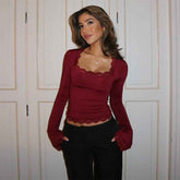 Autumn Lace Long-Sleeve Top - Elegant Slim Fit