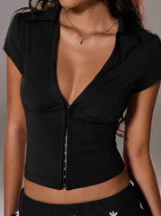 V-Neck Slim Crop Top - Black Buttoned