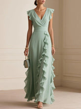 Pure Color Pleated V Neck Maxi Summer Dress - Green