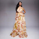 Plunge Ruched Floral Maxi Wedding Guest Dress - Patchwork