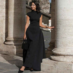 Elegant Sleeveless Midi Dress - Solid Color Waist-Cinching