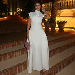 Elegant Sleeveless Midi Dress - Solid Color Waist-Cinching