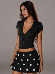 V-Neck Slim Crop Top - Black Buttoned