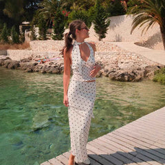 French Retro Midi Dress - Polka Dot V Neck Halterneck