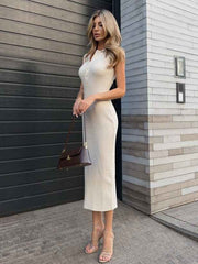 Elegant Midi Dress - Solid Color Knitted Polo Collar