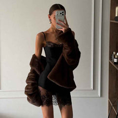 Solid Color Lace Trim Mini Dress - Black