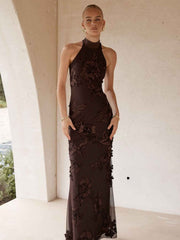 Elegant Embroidered Midi Dress - Black Lace-Up Backless