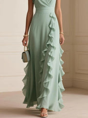 Pure Color Pleated V Neck Maxi Summer Dress - Green