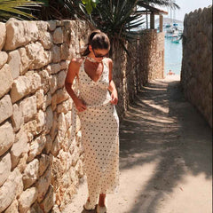 French Retro Midi Dress - Polka Dot V Neck Halterneck