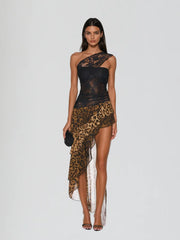 Raelira One Shoulder Lace Leopard Maxi Dress