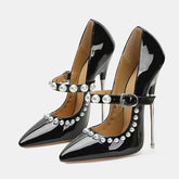 Design Pearls Buckle Strap Patent Leather Women Pumps