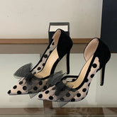 Red Butterfly Knot Pointed Toe Slingback High Heels Wedding Prom Shoes Polka Dot Mesh Pumps