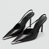 Design Metal Pointed Toe Black High Heels Sexy Slingback Sandals