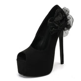 Black High Heels For Ladies Mesh Flower Women Platform Pumps Sexy Peep Toe Stiletto Party Dress Shoe Zapatos Mujer