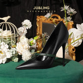 Style High Heels Women's Thin Heels T-shaped Straps Sexy Black Pointed Single Shoes Color blocked Splicing Single Shoes