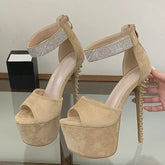 Designer Rhinestone Ankle Cover Strap Women Sexy 17CM Sandal Platform High Heels Party Club Stripper Pole Dance Shoe Black