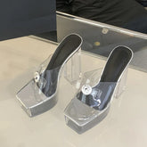 Transparent Chunky High Heels Modern Slippers Ladies Metal Buckle Square Toe Platform Sandals