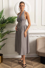 Halterneck Midi Dress With Bow Detail And Gathered Skirt - Gray