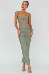 MESH RUCHED MIDI COCKTAIL EVENING DRESS