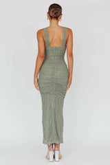 MESH RUCHED MIDI COCKTAIL EVENING DRESS