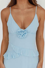 Marlie Frill Trim Rosette Maxi Dress Blue