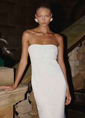 Sassafras Beaded Flower Strapless Maxi Dress - White