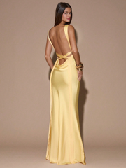 Sandra Satin Deep V Backless Maxi Dress - Yellow