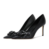 Cream White Camellia High Heels Pointed Toe Stiletto Pumps Elegant French Style Niche Design Party Wedding Shoes