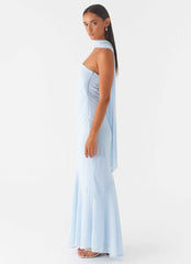 Pagoda Maxi Dress - Blue Strapless Asymmetrical