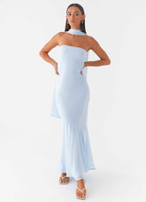 Pagoda Maxi Dress - Blue Strapless Asymmetrical