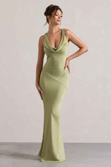 Alesso Maxi Dress - Light Olive Satin Cowl Neck