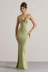 Alesso Maxi Dress - Light Olive Satin Cowl Neck