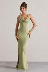 Alesso Maxi Dress - Light Olive Satin Cowl Neck