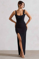 Kate Maxi Dress - Black Square Neck Thigh Split