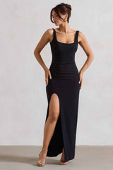 Kate Maxi Dress - Black Square Neck Thigh Split