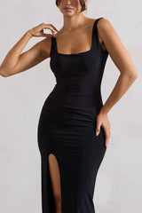 Kate Maxi Dress - Black Square Neck Thigh Split