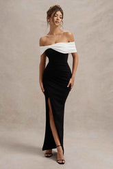 Eva Maxi Dress - Black & White Bardot Bow