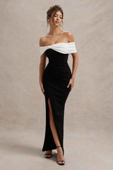 Eva Maxi Dress - Black & White Bardot Bow