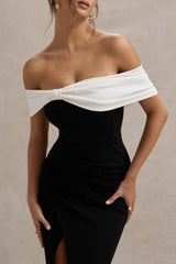 Eva Maxi Dress - Black & White Bardot Bow