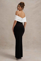 Eva Maxi Dress - Black & White Bardot Bow