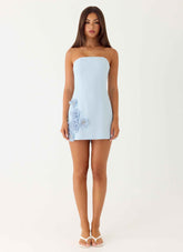 Yallie Mini Dress - Blue Strapless Floral