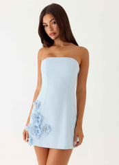 Yallie Mini Dress - Blue Strapless Floral
